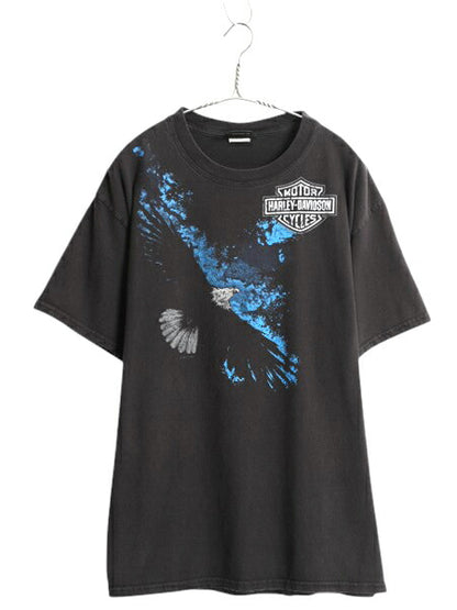 ハーレー ダビットソン 両面 プリント Tシャツ メンズ L / 古着 オフィシャル バイク イーグル イラスト グラフィック ヘビーウェイト 黒