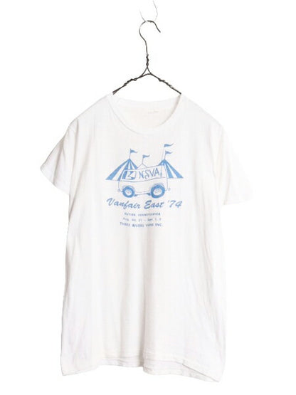 70s 企業 ロゴ 染込み 5段 イラスト プリント Tシャツ M 小さめ メンズ レディース S 70年代 ヴィンテージ シングルステッチ 企業物 白