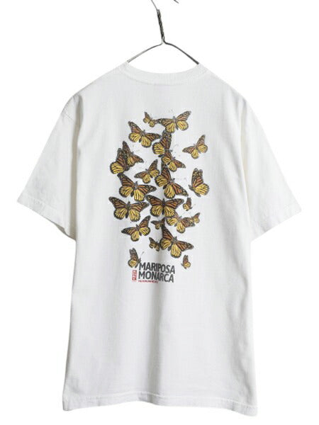 90s チョウ アート イラスト 両面 プリント Tシャツ メンズ XL 小さめ L / 古着 オールド 昆虫 グラフィック ヘビーウェイト スーベニア 白