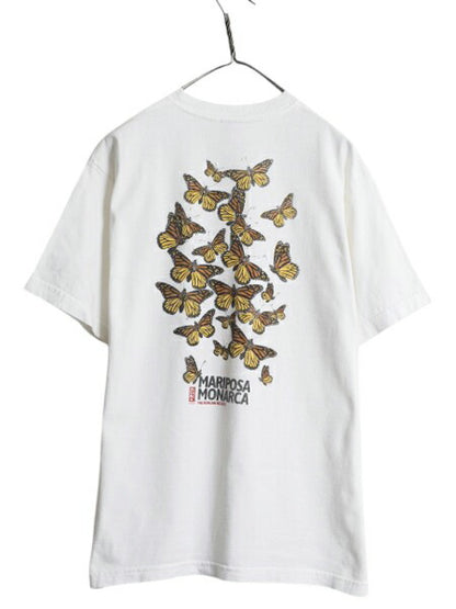 90s チョウ アート イラスト 両面 プリント Tシャツ メンズ XL 小さめ L / 古着 オールド 昆虫 グラフィック ヘビーウェイト スーベニア 白