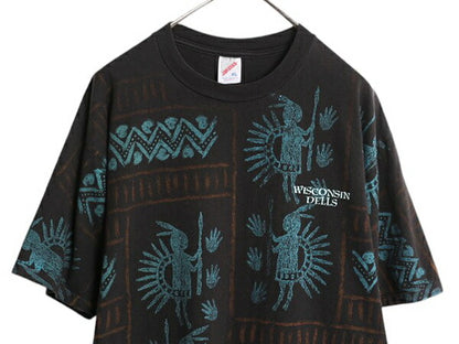 90s USA製 アート イラスト 総柄 プリント Tシャツ メンズ XL / オールド グラフィック ネイティブ 壁画 プリミティブ オールオーバー 黒