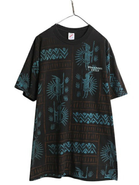 90s USA製 アート イラスト 総柄 プリント Tシャツ メンズ XL / オールド グラフィック ネイティブ 壁画 プリミティブ オールオーバー 黒