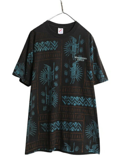 90s USA製 アート イラスト 総柄 プリント Tシャツ メンズ XL / オールド グラフィック ネイティブ 壁画 プリミティブ オールオーバー 黒