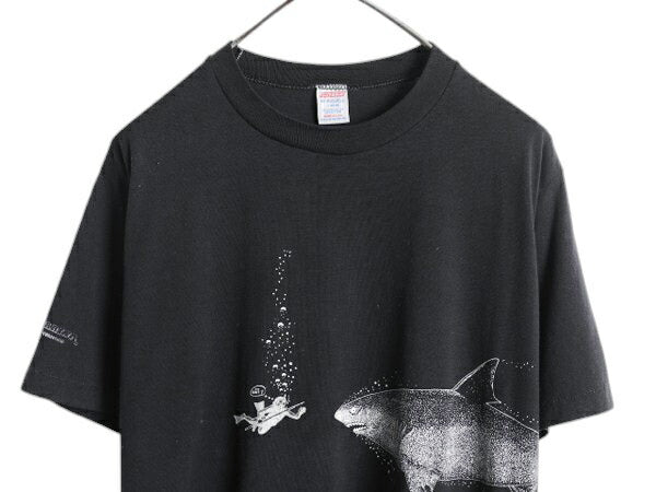 80s USA製 サメ ジョーク イラスト プリント Tシャツ メンズ L 小さめ M 程/ ヴィンテージ キャラクター グラフィック シングルステッチ 黒