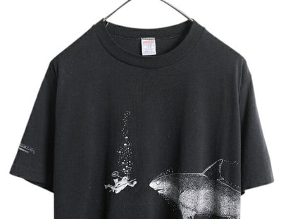 80s USA製 サメ ジョーク イラスト プリント Tシャツ メンズ L 小さめ M 程/ ヴィンテージ キャラクター グラフィック シングルステッチ 黒