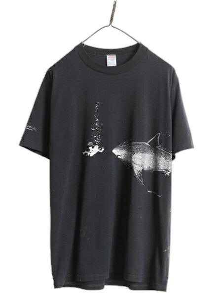 80s USA製 サメ ジョーク イラスト プリント Tシャツ メンズ L 小さめ M 程/ ヴィンテージ キャラクター グラフィック シングルステッチ 黒