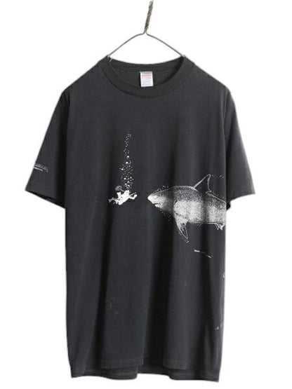 80s USA製 サメ ジョーク イラスト プリント Tシャツ メンズ L 小さめ M 程/ ヴィンテージ キャラクター グラフィック シングルステッチ 黒