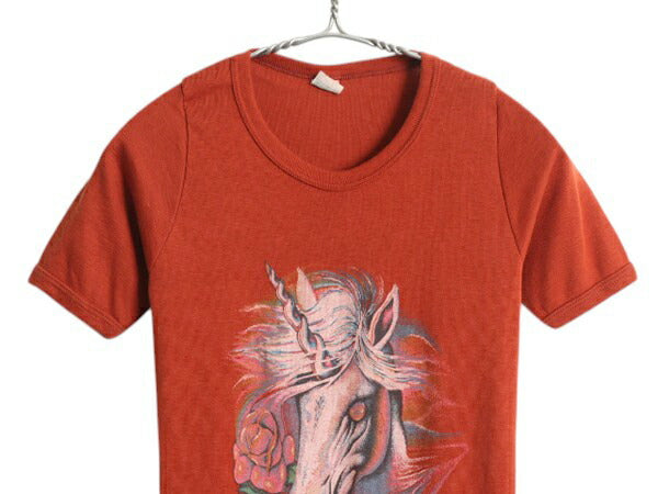 70s USA製 ユニコーン バラ アート イラスト プリント Tシャツ S 小さめ レディース XS 程 ヴィンテージ アニマル シングルステッチ SPRUCE