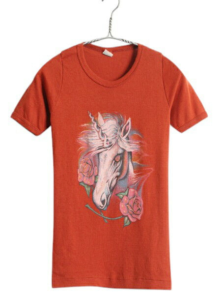 70s USA製 ユニコーン バラ アート イラスト プリント Tシャツ S 小さめ レディース XS 程 ヴィンテージ アニマル シングルステッチ SPRUCE