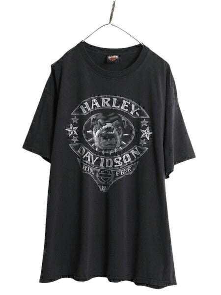 ハーレー ダビットソン 両面 プリント Tシャツ メンズ 2XL 黒 古着 バイク ドッグ キャラクター アニマル イラスト 大きいサイズ ブラック