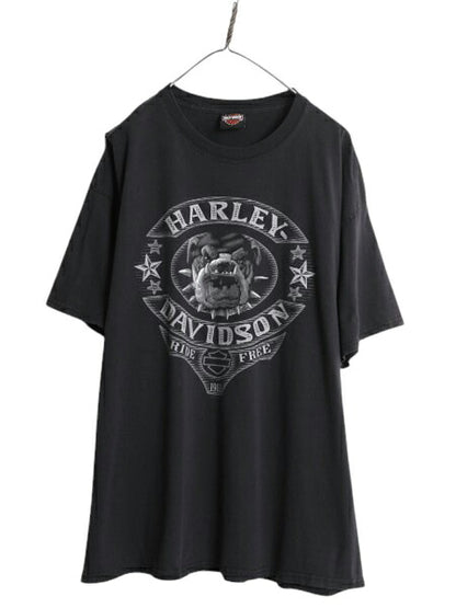 ハーレー ダビットソン 両面 プリント Tシャツ メンズ 2XL 黒 古着 バイク ドッグ キャラクター アニマル イラスト 大きいサイズ ブラック