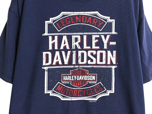 ハーレー ダビットソン 両面 プリント Tシャツ メンズ L 古着 オフィシャル バイク イラスト グラフィック ヘビーウェイト キャラクター 紺