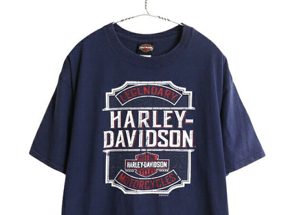 ハーレー ダビットソン 両面 プリント Tシャツ メンズ L 古着 オフィシャル バイク イラスト グラフィック ヘビーウェイト キャラクター 紺