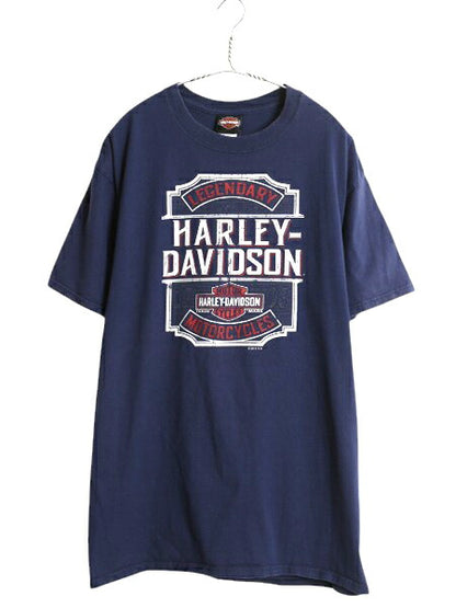 ハーレー ダビットソン 両面 プリント Tシャツ メンズ L 古着 オフィシャル バイク イラスト グラフィック ヘビーウェイト キャラクター 紺
