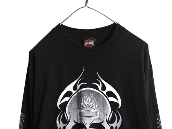00s USA製 ハーレー ダビットソン 4面 プリント 長袖 Tシャツ メンズ L / オールド スカル トライバル ファイヤー ロンT 大きいサイズ 黒