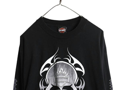 00s USA製 ハーレー ダビットソン 4面 プリント 長袖 Tシャツ メンズ L / オールド スカル トライバル ファイヤー ロンT 大きいサイズ 黒