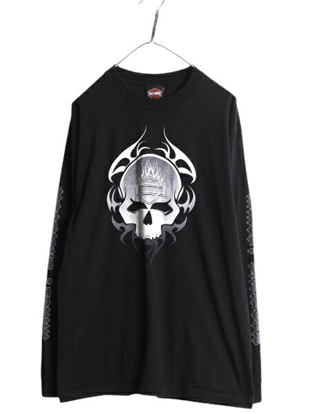 00s USA製 ハーレー ダビットソン 4面 プリント 長袖 Tシャツ メンズ L / オールド スカル トライバル ファイヤー ロンT 大きいサイズ 黒