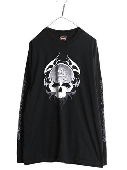00s USA製 ハーレー ダビットソン 4面 プリント 長袖 Tシャツ メンズ L / オールド スカル トライバル ファイヤー ロンT 大きいサイズ 黒
