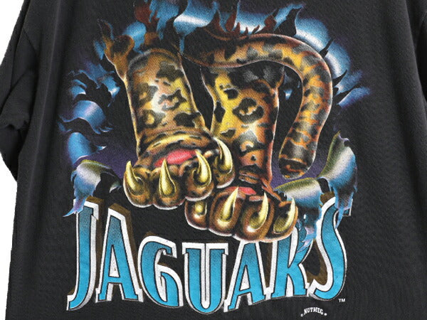 90s USA製 NFL ジャガーズ 両面 イラスト プリント Tシャツ XL オールド アメフト オフィシャル シングルステッチ 黒 NUTMEG 大きいサイズ