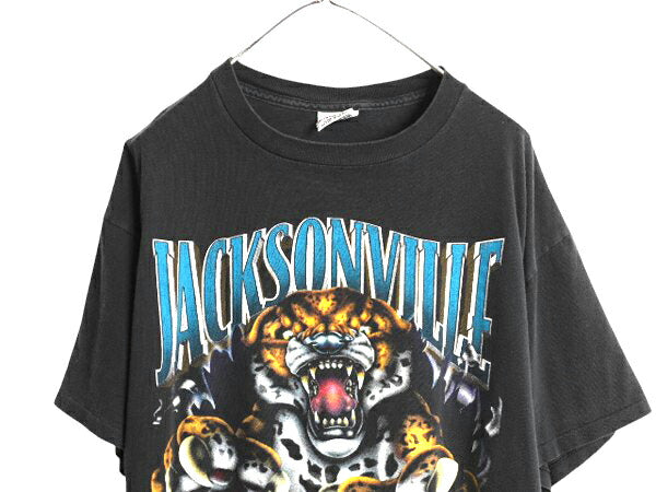90s USA製 NFL ジャガーズ 両面 イラスト プリント Tシャツ XL オールド アメフト オフィシャル シングルステッチ 黒 NUTMEG 大きいサイズ