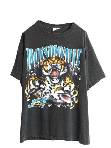 90s USA製 NFL ジャガーズ 両面 イラスト プリント Tシャツ XL オールド アメフト オフィシャル シングルステッチ 黒 NUTMEG 大きいサイズ