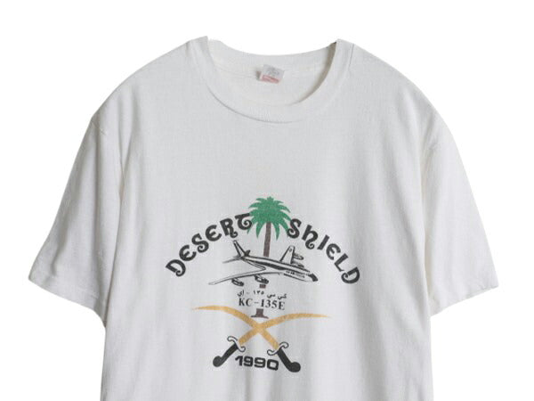 90s USA製 ミリタリー イラスト プリント Tシャツ L 小さめ メンズ M 程 古着 オールド シングルステッチ グラフィック USAF 空軍 ホワイト
