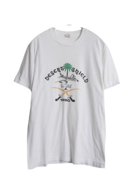 90s USA製 ミリタリー イラスト プリント Tシャツ L 小さめ メンズ M 程 古着 オールド シングルステッチ グラフィック USAF 空軍 ホワイト
