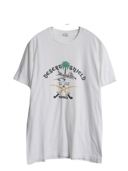 90s USA製 ミリタリー イラスト プリント Tシャツ L 小さめ メンズ M 程 古着 オールド シングルステッチ グラフィック USAF 空軍 ホワイト