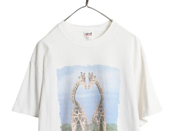 00s キリン アート イラスト プリント Tシャツ メンズ レディース L 古着 オールド アニマル グラフィック フォト ヘビーウェイト ホワイト