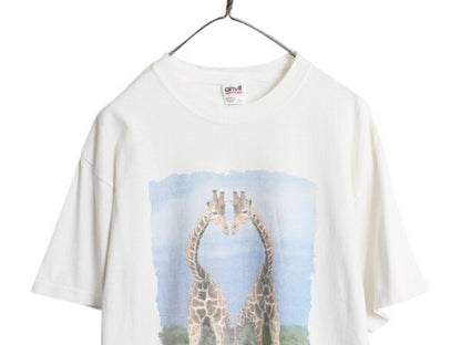 00s キリン アート イラスト プリント Tシャツ メンズ レディース L 古着 オールド アニマル グラフィック フォト ヘビーウェイト ホワイト