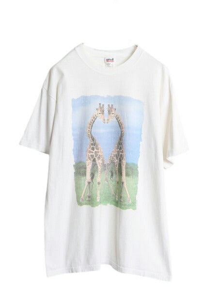 00s キリン アート イラスト プリント Tシャツ メンズ レディース L 古着 オールド アニマル グラフィック フォト ヘビーウェイト ホワイト