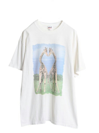 00s キリン アート イラスト プリント Tシャツ メンズ レディース L 古着 オールド アニマル グラフィック フォト ヘビーウェイト ホワイト