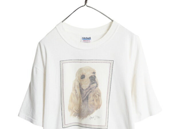 00s ドッグ アート プリント 半袖 Tシャツ メンズ レディース L オールド イラスト アニマル グラフィック ヘビーウェイト キャラクター 白