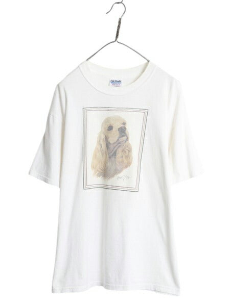 00s ドッグ アート プリント 半袖 Tシャツ メンズ レディース L オールド イラスト アニマル グラフィック ヘビーウェイト キャラクター 白