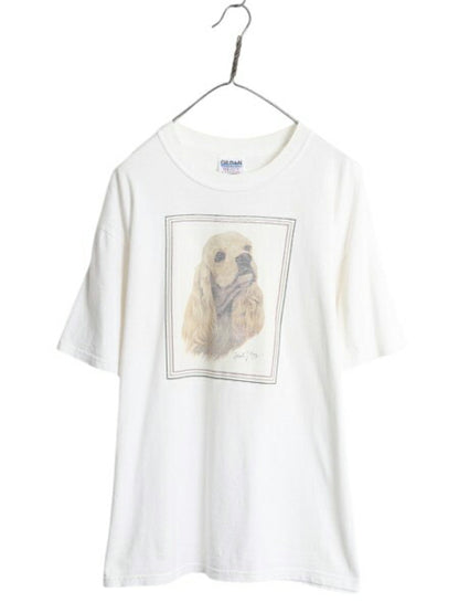 00s ドッグ アート プリント 半袖 Tシャツ メンズ レディース L オールド イラスト アニマル グラフィック ヘビーウェイト キャラクター 白