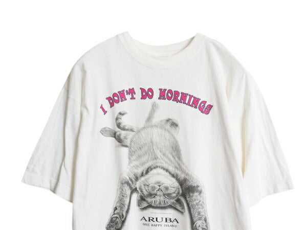 90s ネコ イラスト プリント Tシャツ メンズ レディース L / 古着 オールド アニマル アート キャラクター メッセージ ヘビーウェイト 白