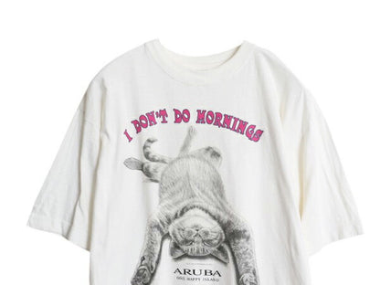 90s ネコ イラスト プリント Tシャツ メンズ レディース L / 古着 オールド アニマル アート キャラクター メッセージ ヘビーウェイト 白