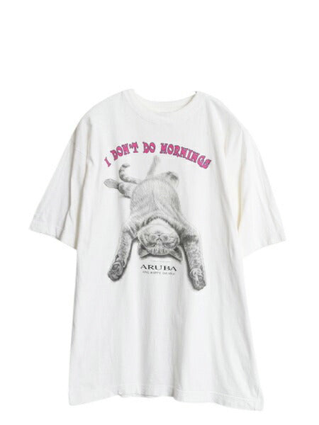 90s ネコ イラスト プリント Tシャツ メンズ レディース L / 古着 オールド アニマル アート キャラクター メッセージ ヘビーウェイト 白