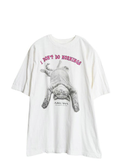 90s ネコ イラスト プリント Tシャツ メンズ レディース L / 古着 オールド アニマル アート キャラクター メッセージ ヘビーウェイト 白