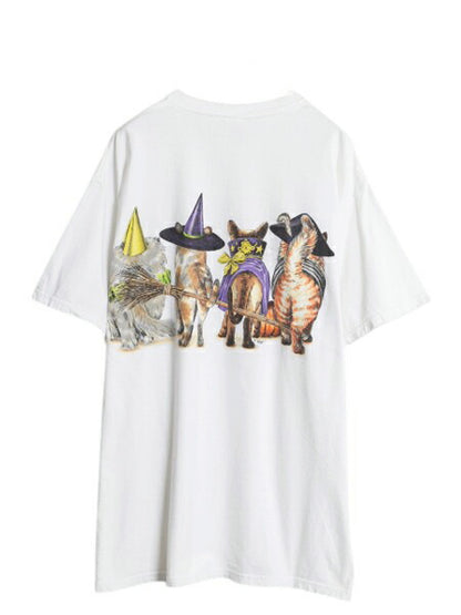 90s ネコ イラスト 両面 プリント Tシャツ メンズ レディース XL 古着 オールド アニマル アート グラフィック カットソー 大きいサイズ 白