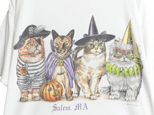 90s ネコ イラスト 両面 プリント Tシャツ メンズ レディース XL 古着 オールド アニマル アート グラフィック カットソー 大きいサイズ 白