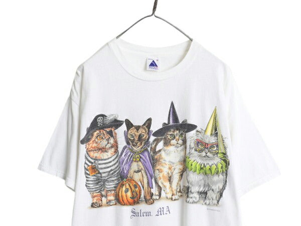 90s ネコ イラスト 両面 プリント Tシャツ メンズ レディース XL 古着 オールド アニマル アート グラフィック カットソー 大きいサイズ 白
