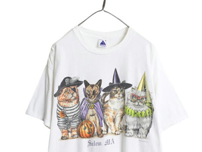 90s ネコ イラスト 両面 プリント Tシャツ メンズ レディース XL 古着 オールド アニマル アート グラフィック カットソー 大きいサイズ 白