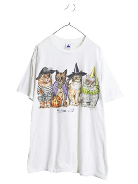 90s ネコ イラスト 両面 プリント Tシャツ メンズ レディース XL 古着 オールド アニマル アート グラフィック カットソー 大きいサイズ 白