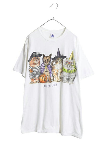 90s ネコ イラスト 両面 プリント Tシャツ メンズ レディース XL 古着 オールド アニマル アート グラフィック カットソー 大きいサイズ 白