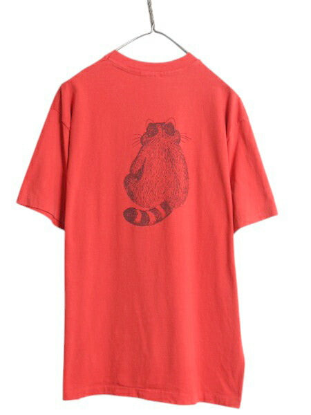 80s USA製 アライグマ 両面 イラスト プリント Tシャツ メンズ XL ヴィンテージ アニマル グラフィック シングルステッチ 大きいサイズ 赤