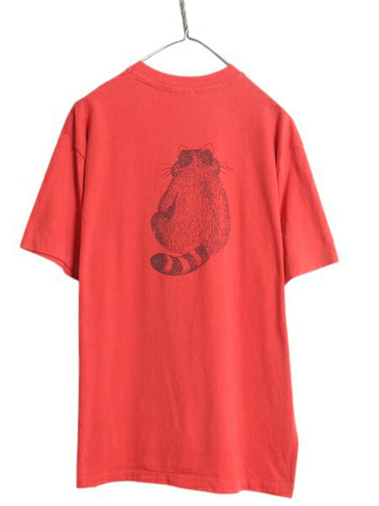 80s USA製 アライグマ 両面 イラスト プリント Tシャツ メンズ XL ヴィンテージ アニマル グラフィック シングルステッチ 大きいサイズ 赤