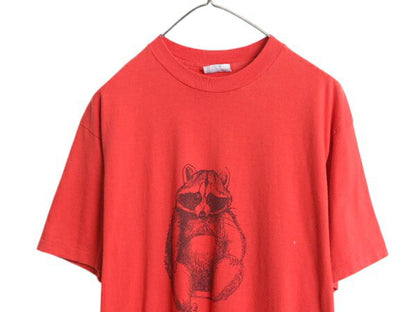 80s USA製 アライグマ 両面 イラスト プリント Tシャツ メンズ XL ヴィンテージ アニマル グラフィック シングルステッチ 大きいサイズ 赤