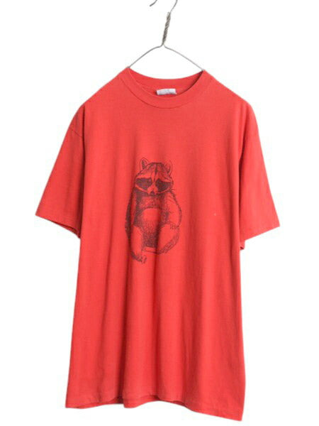80s USA製 アライグマ 両面 イラスト プリント Tシャツ メンズ XL ヴィンテージ アニマル グラフィック シングルステッチ 大きいサイズ 赤