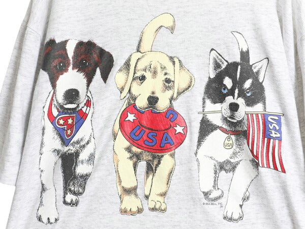 90s ドッグ イラスト 両面 プリント Tシャツ メンズ レディース 2XL 程 古着 オールド アニマル アート シングルステッチ 大きいサイズ 犬